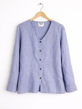 FLAX Linen Button Up Shirt Large Blue V Neck Relaxed Fit Top